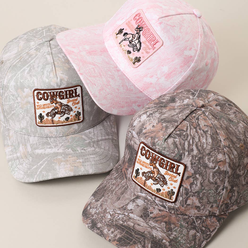 COWGIRL Embroidered Patch Nature Camo Trucker Hat: PINK CAMO-P26 / ONE SIZE