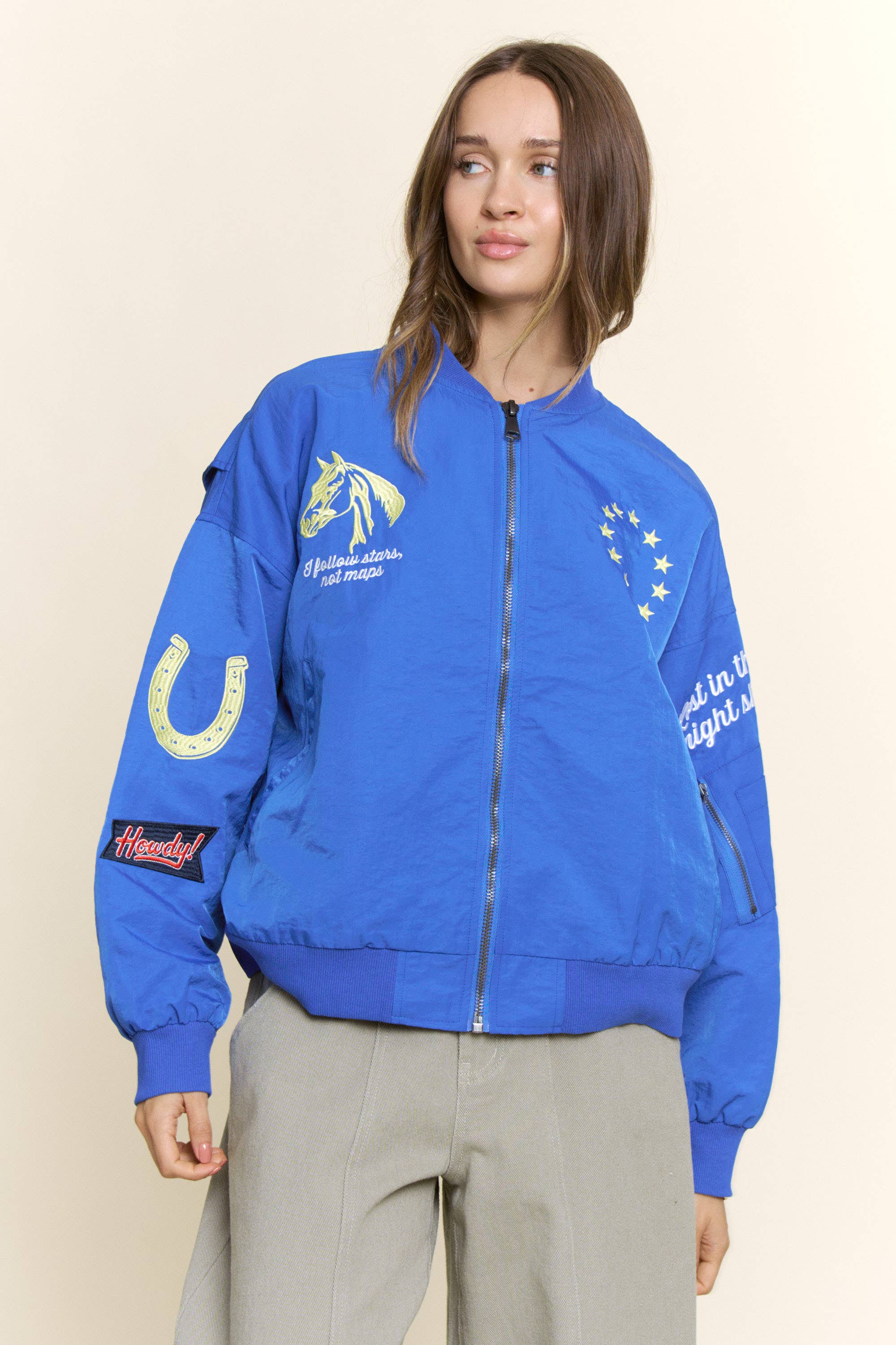 Embroidered Horse And Stars Bomber Jacket
