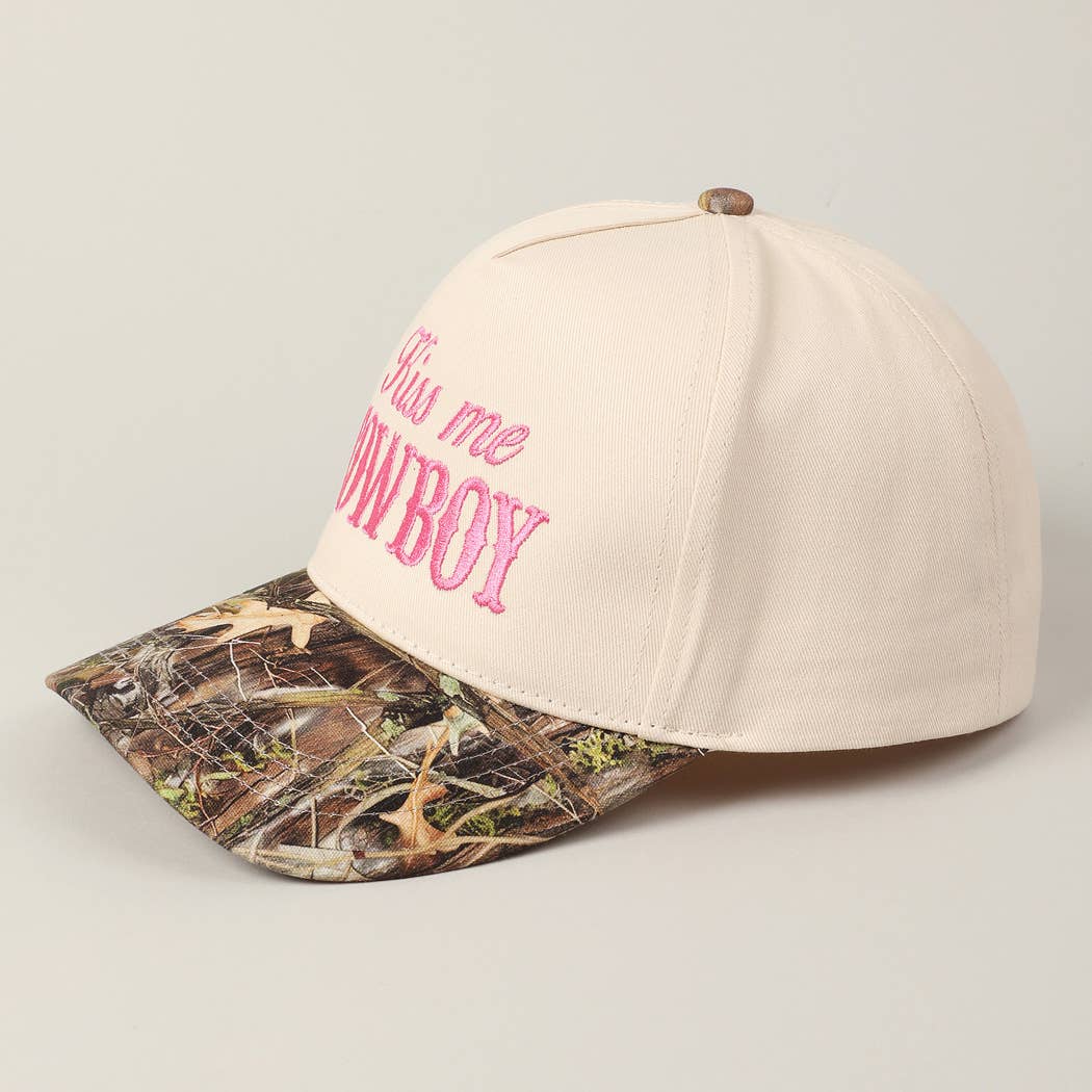 Kiss Me Cowboy Embroidery Two-Tone Cap: CAMO-PINK / ONE SIZE