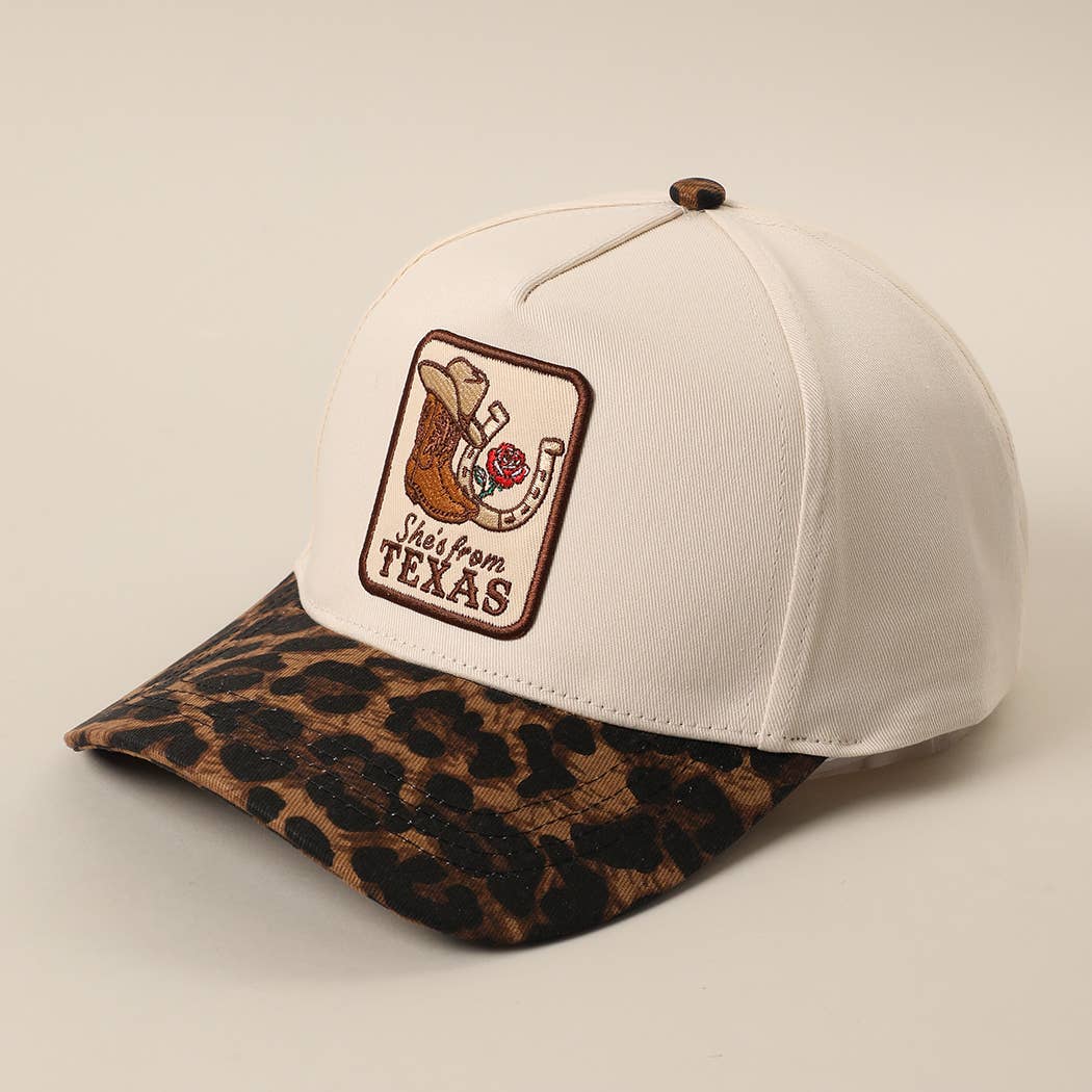 SHE'S FROM TEXAS Embroidered Patch Leopard Brim Baseball Cap: BEIGE / ONE SIZE