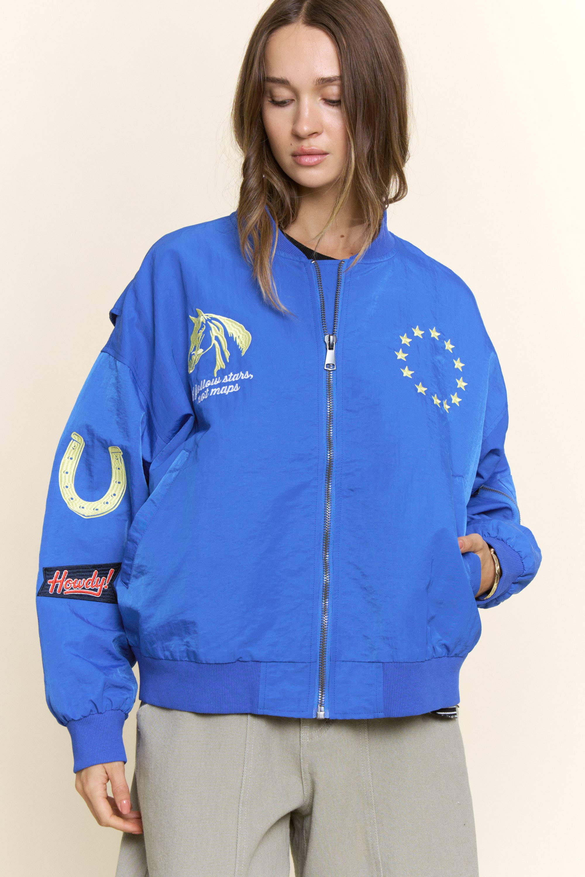 Embroidered Horse And Stars Bomber Jacket