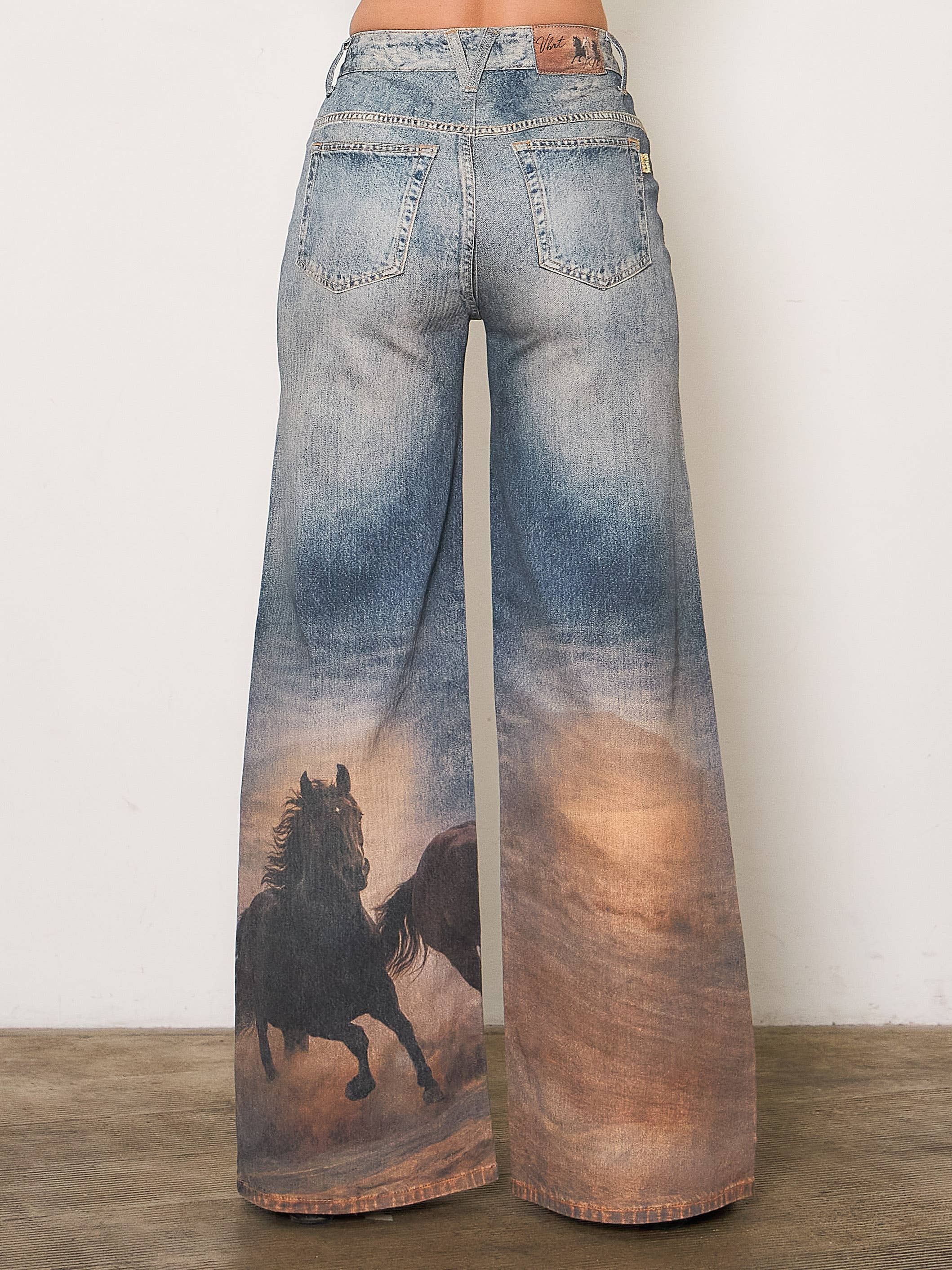 White Horse Digital Print Wide Leg Jeans: DARK HORSE