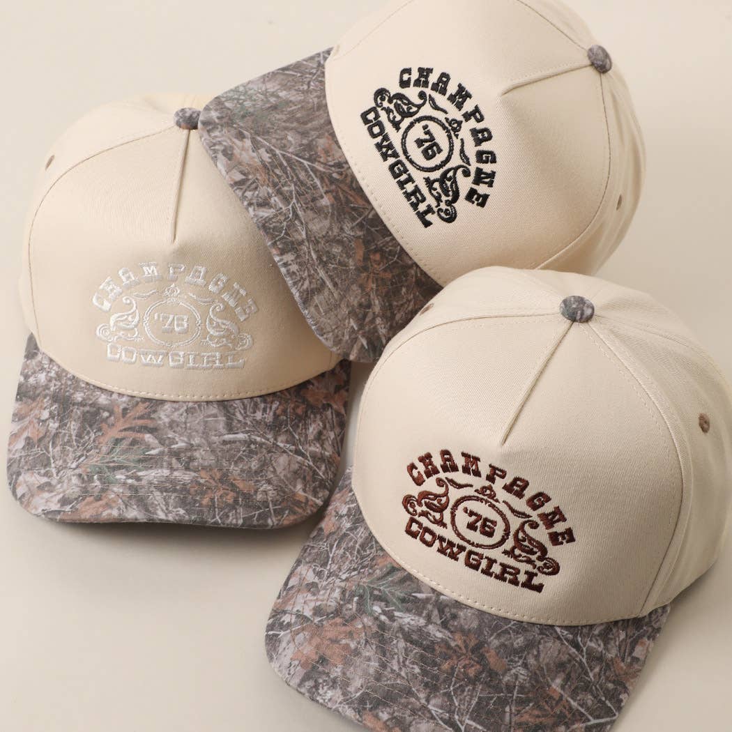 CHAMPAGNE COWGIRL Embroidered Camo Brim Trucker Hat: DK CAMO/ BLACK / One Size
