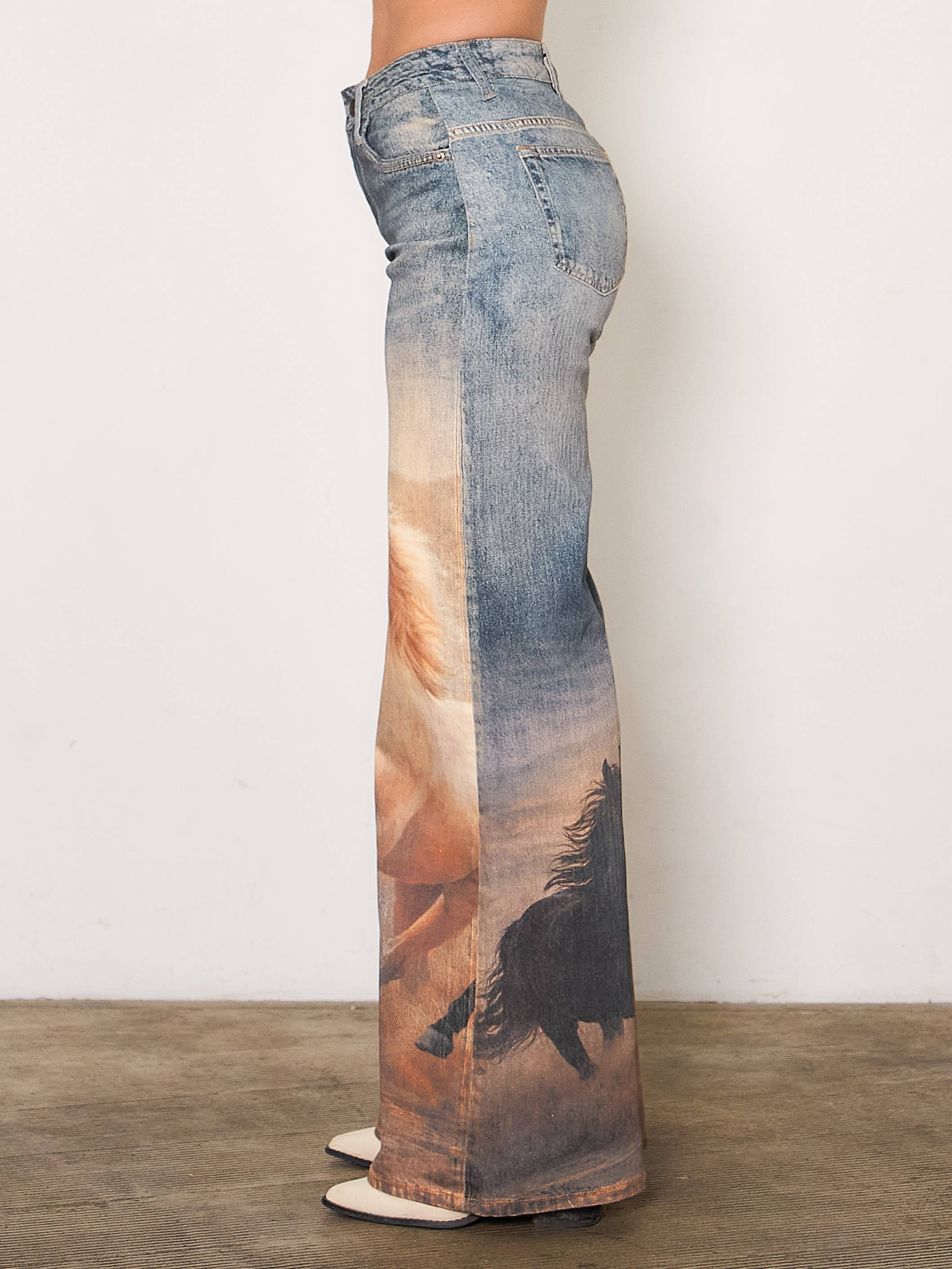White Horse Digital Print Wide Leg Jeans: DARK HORSE