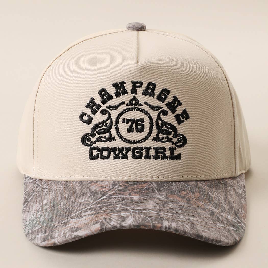 CHAMPAGNE COWGIRL Embroidered Camo Brim Trucker Hat: DK CAMO/ BLACK / One Size