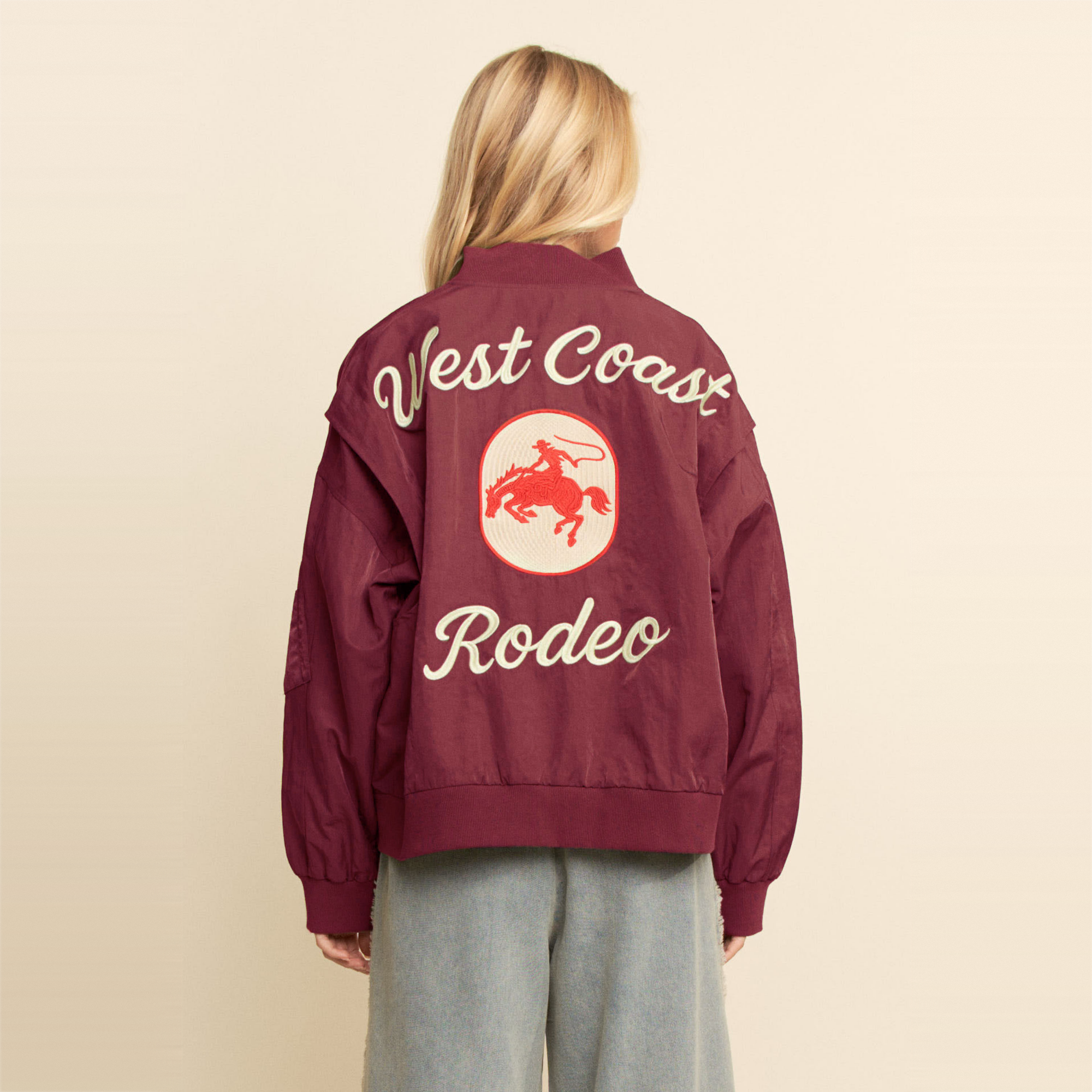 Embroidered West Coast Rodeo Western Bomber Jacket - Burgundy