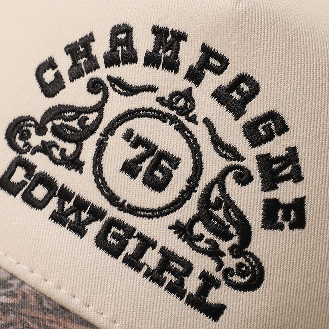CHAMPAGNE COWGIRL Embroidered Camo Brim Trucker Hat: DK CAMO/ BLACK / One Size