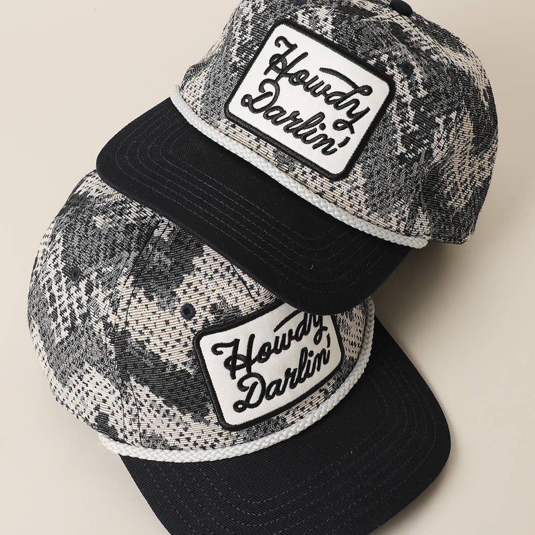 HOWDY DARLIN' Embroidered Patch Tapestry Rope Trucker Hat: BLACK-P09 / ONE SIZE