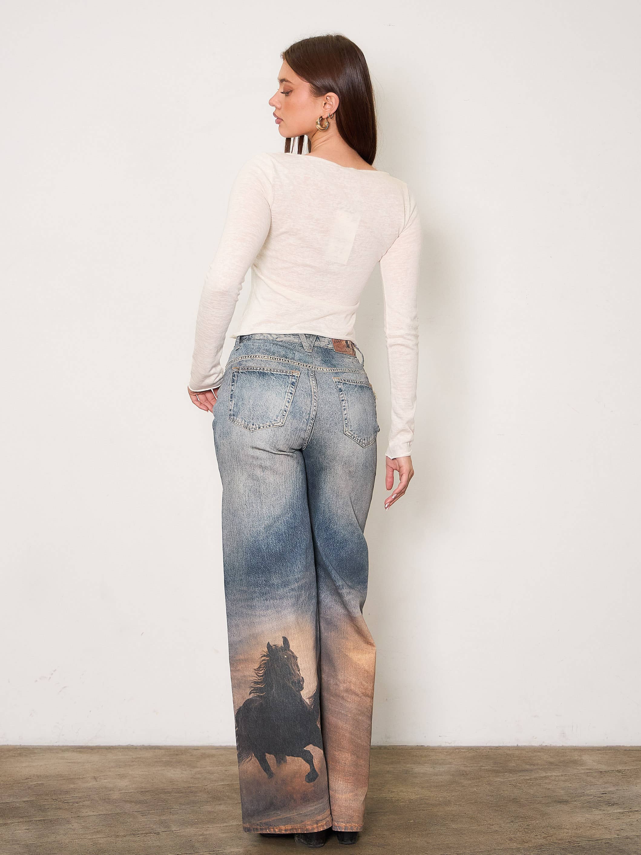 White Horse Digital Print Wide Leg Jeans: DARK HORSE
