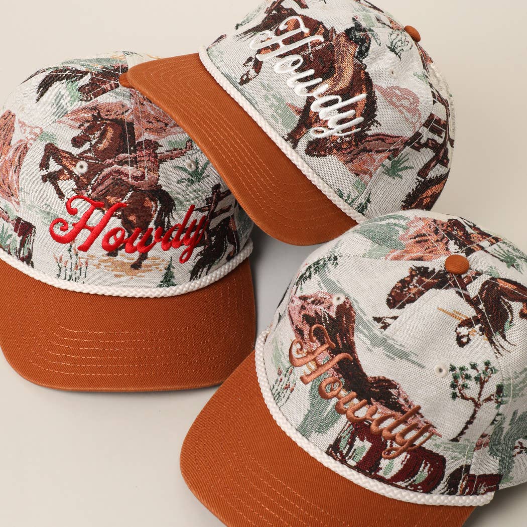 Howdy Embroidered Western Tapestry Rope Trucker Hat: COPPER-BROWN / ONE SIZE