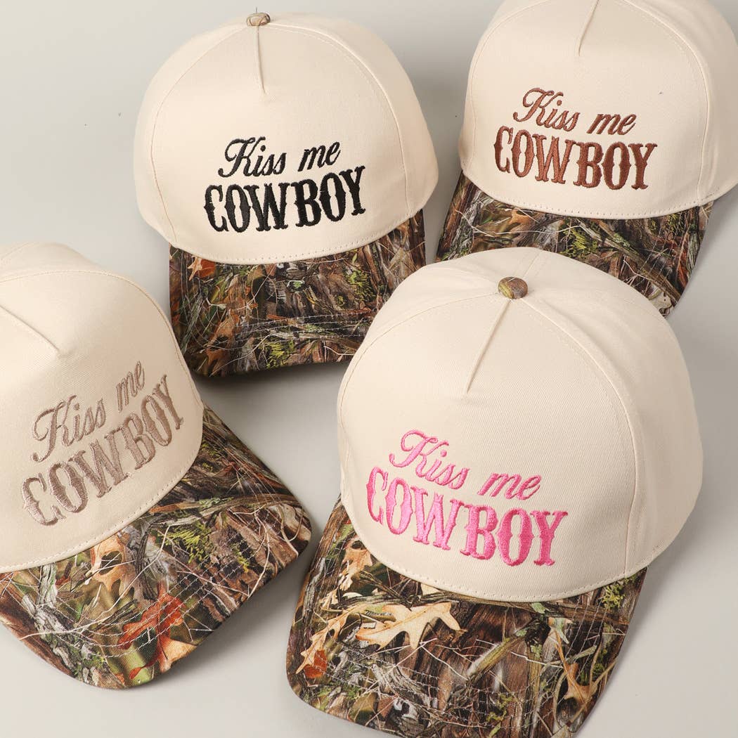 Kiss Me Cowboy Embroidery Two-Tone Cap: CAMO-BEIGE / ONE SIZE