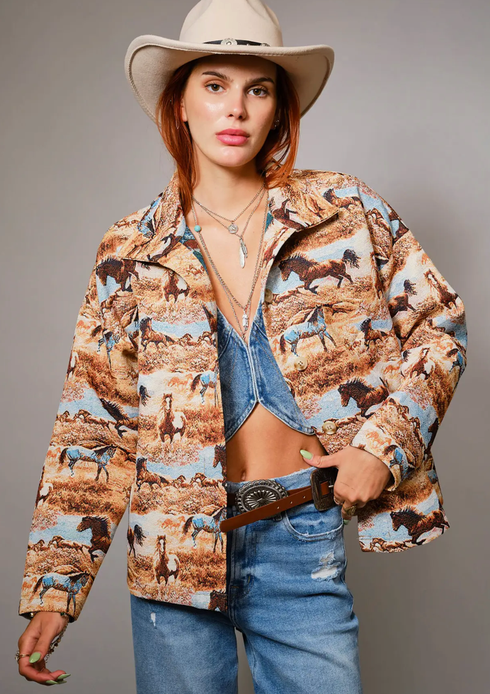 Blue B Western Pattern Button Front Jacquard Jacket