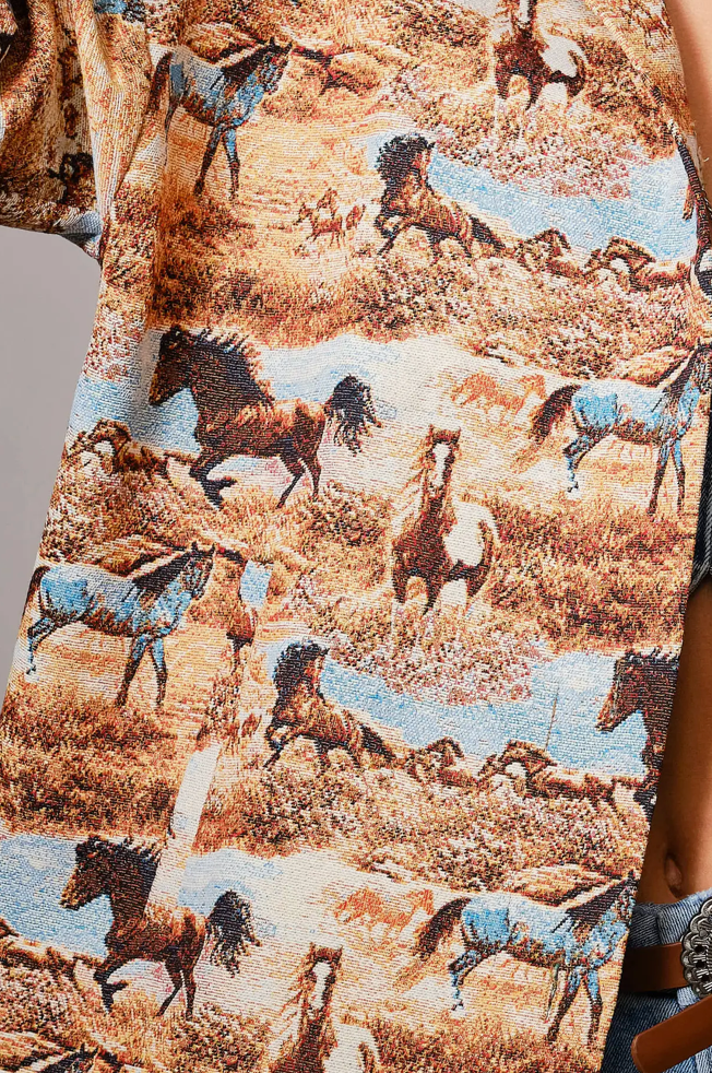 Blue B Western Pattern Button Front Jacquard Jacket
