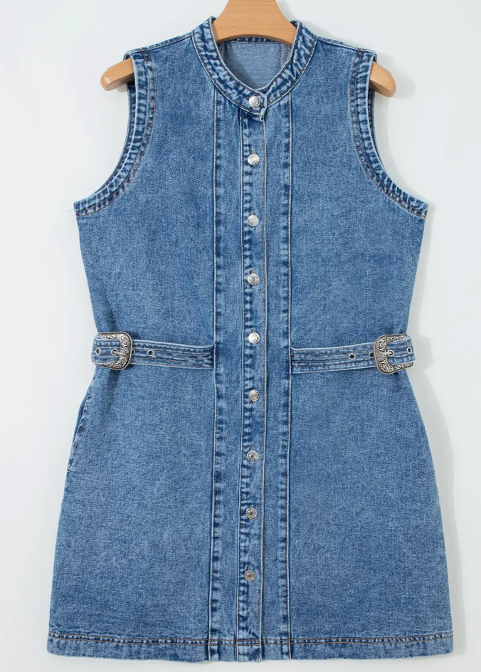 Western Belt Detail Button Down Sleeveless Denim Short Dress