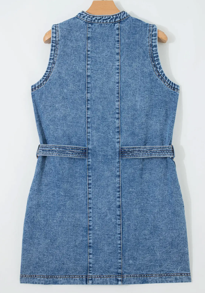 Western Belt Detail Button Down Sleeveless Denim Short Dress