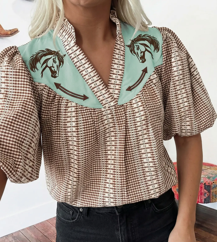 Western Pony Embroidered Yoke Puff Sleeve Gingham Blouse