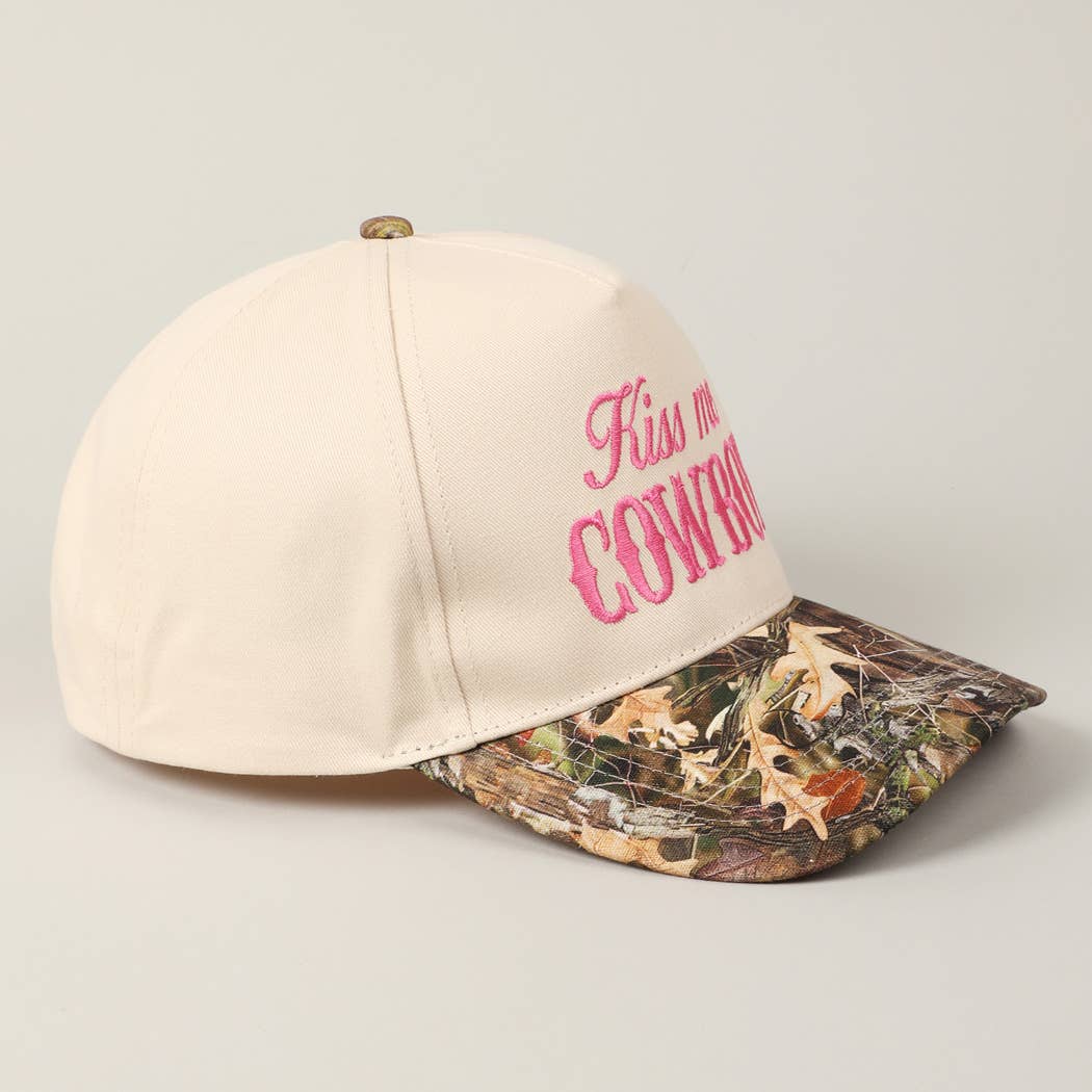 Kiss Me Cowboy Embroidery Two-Tone Cap: CAMO-PINK / ONE SIZE