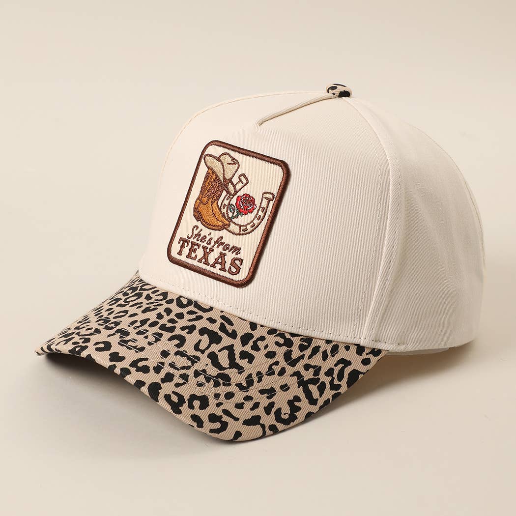 SHE'S FROM TEXAS Embroidered Leopard Brim Trucker Hat: LEOPARD / ONE SIZE