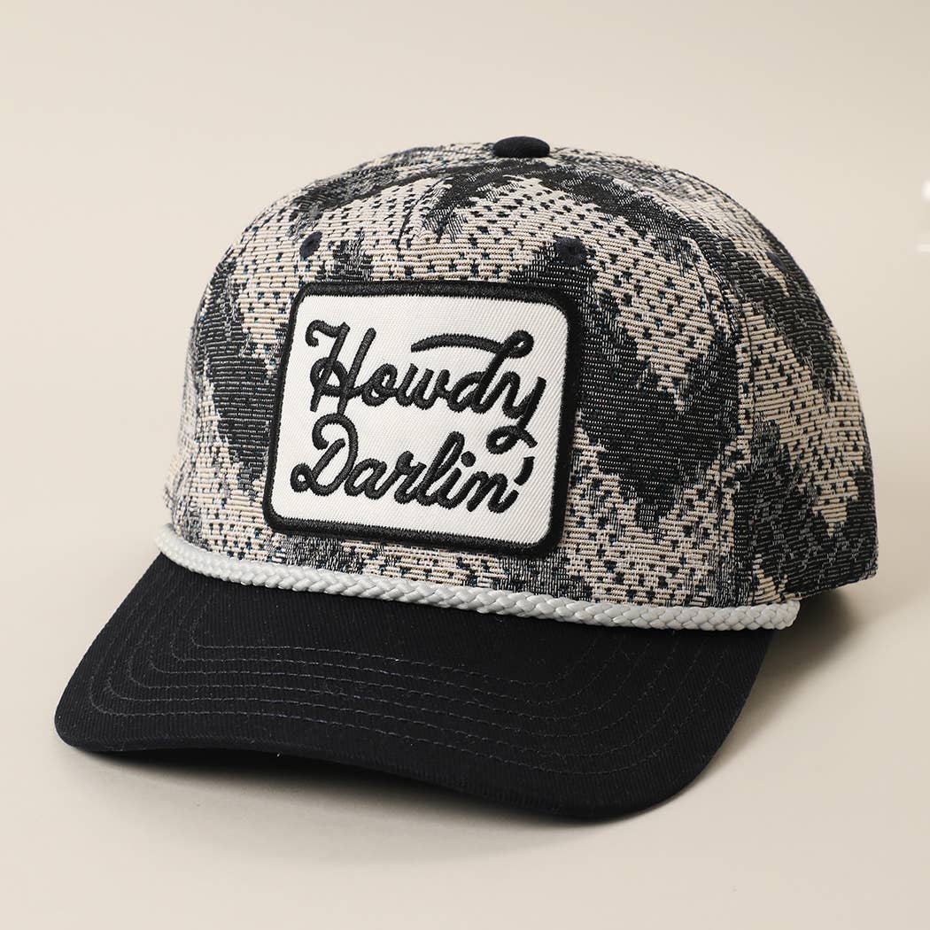 HOWDY DARLIN' Embroidered Patch Tapestry Rope Trucker Hat: BLACK-P09 / ONE SIZE