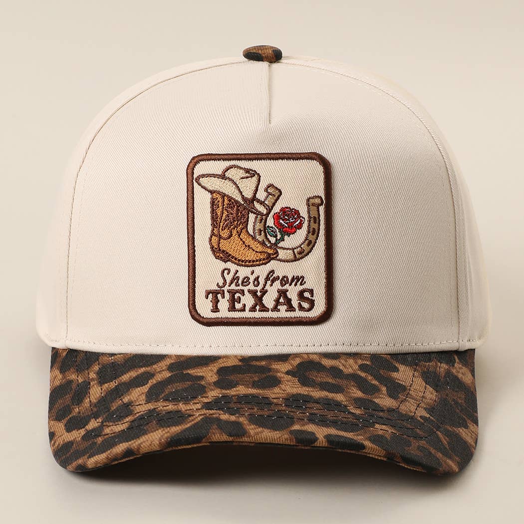 SHE'S FROM TEXAS Embroidered Patch Leopard Brim Baseball Cap: BEIGE / ONE SIZE