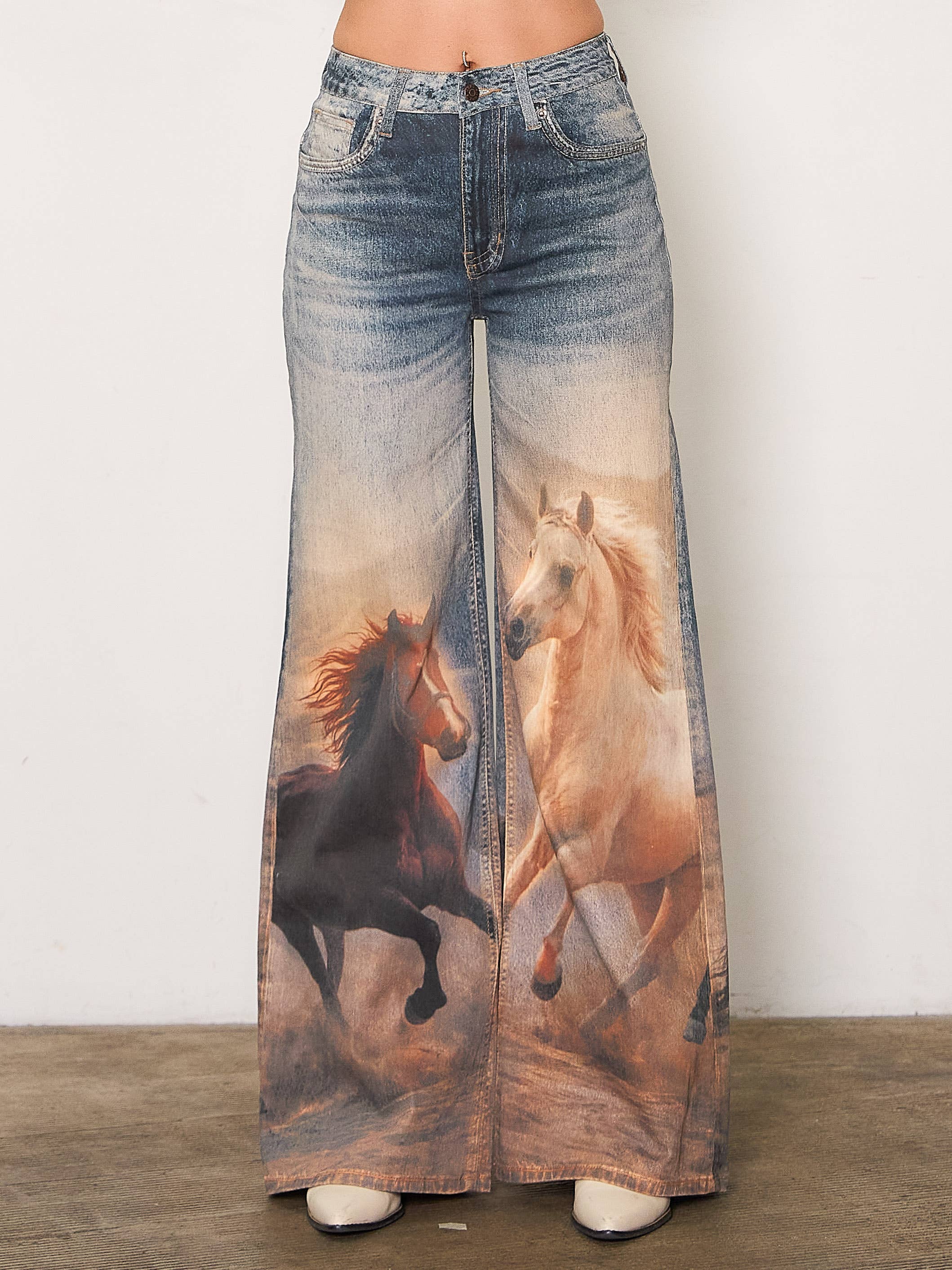White Horse Digital Print Wide Leg Jeans: DARK HORSE