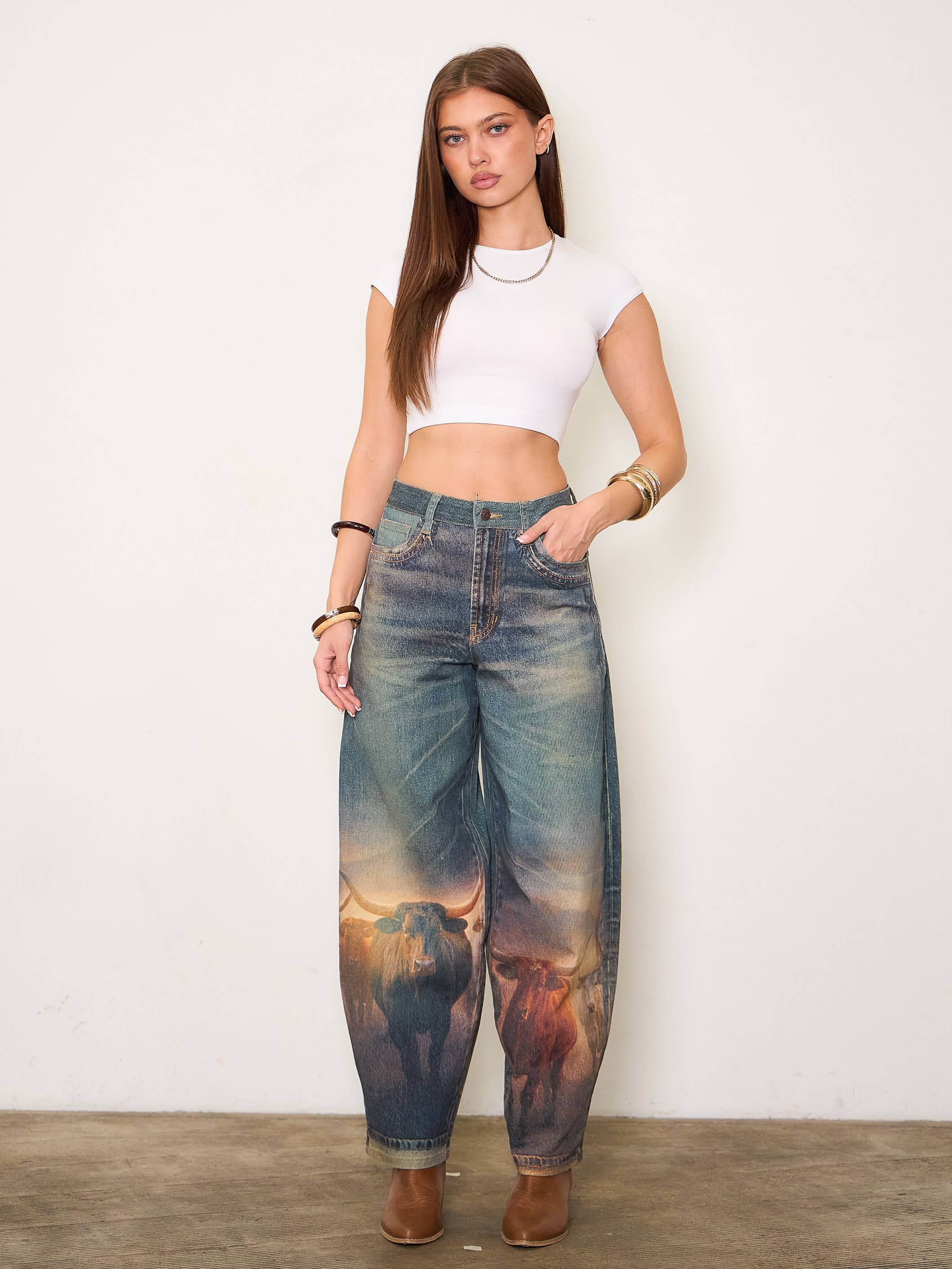 Long Horn Digital Print Baggy Jeans: LONG HORN