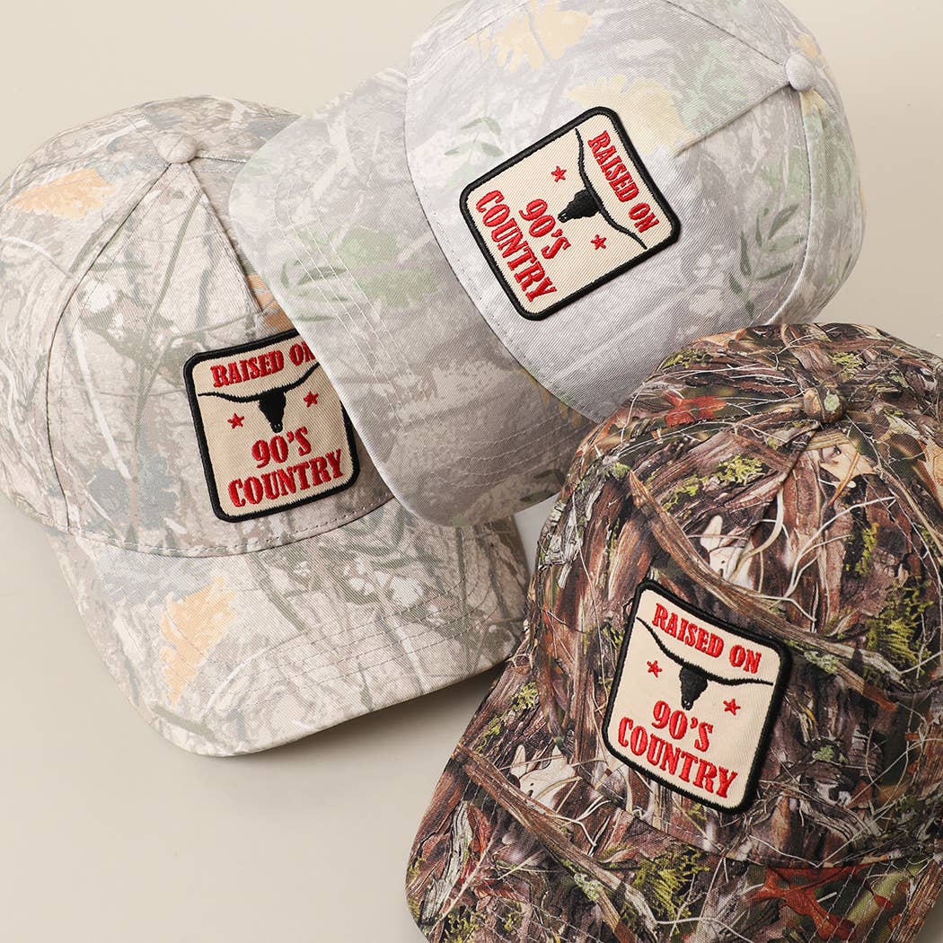 RAISED ON 90'S COUNTRY Embroidered Camo Trucker Hat: TAN-CAMO / ONE SIZE