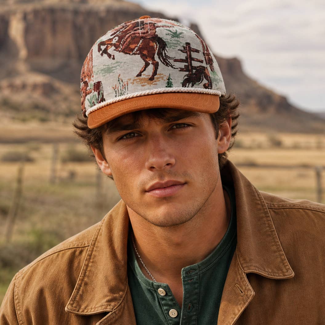 Vintage Western Rodeo Cowboy Tapestry Rope Trucker Hat: Copper / ONE SIZE