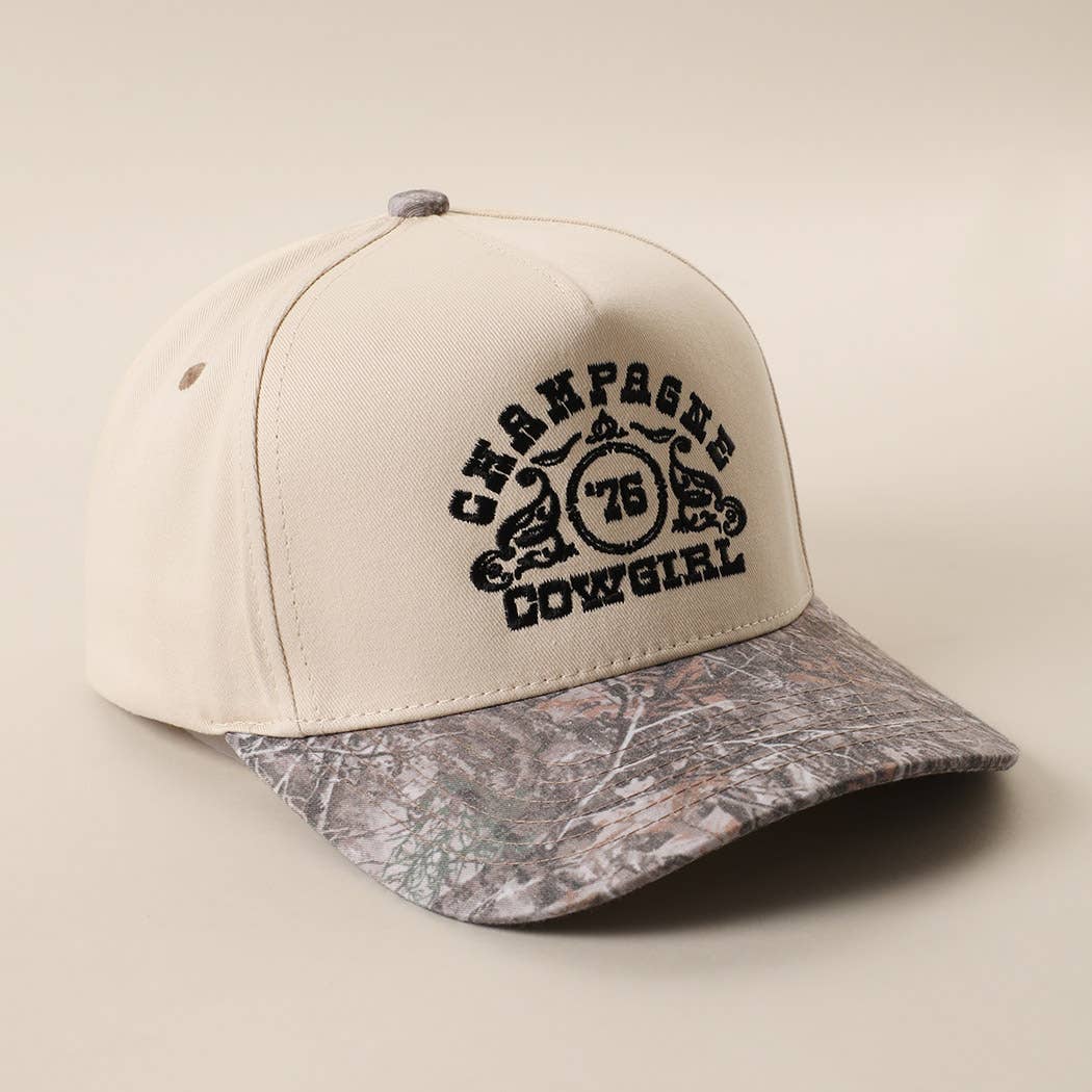 CHAMPAGNE COWGIRL Embroidered Camo Brim Trucker Hat: DK CAMO/ BLACK / One Size