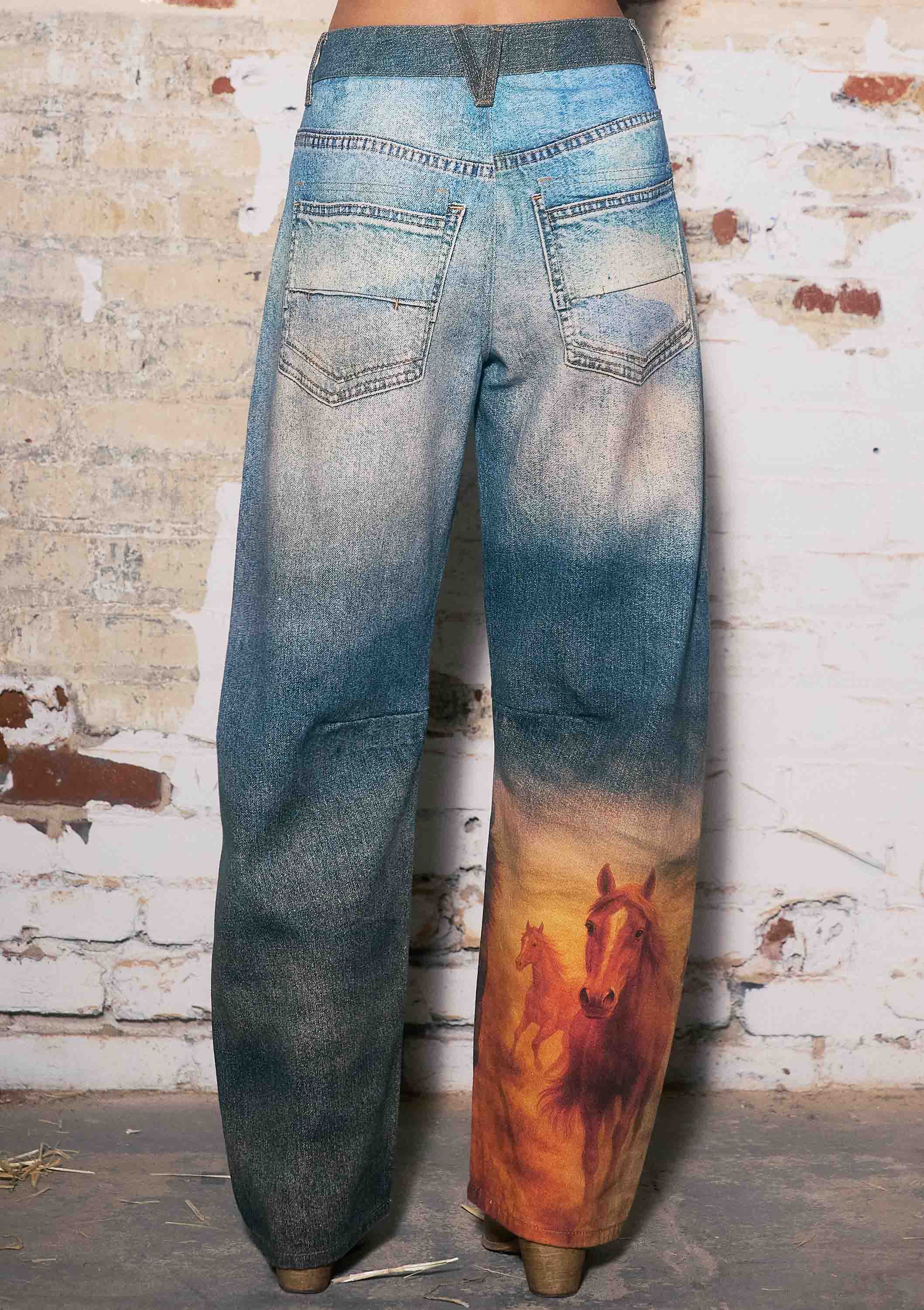 Horse Print Barrel Jeans: Horse