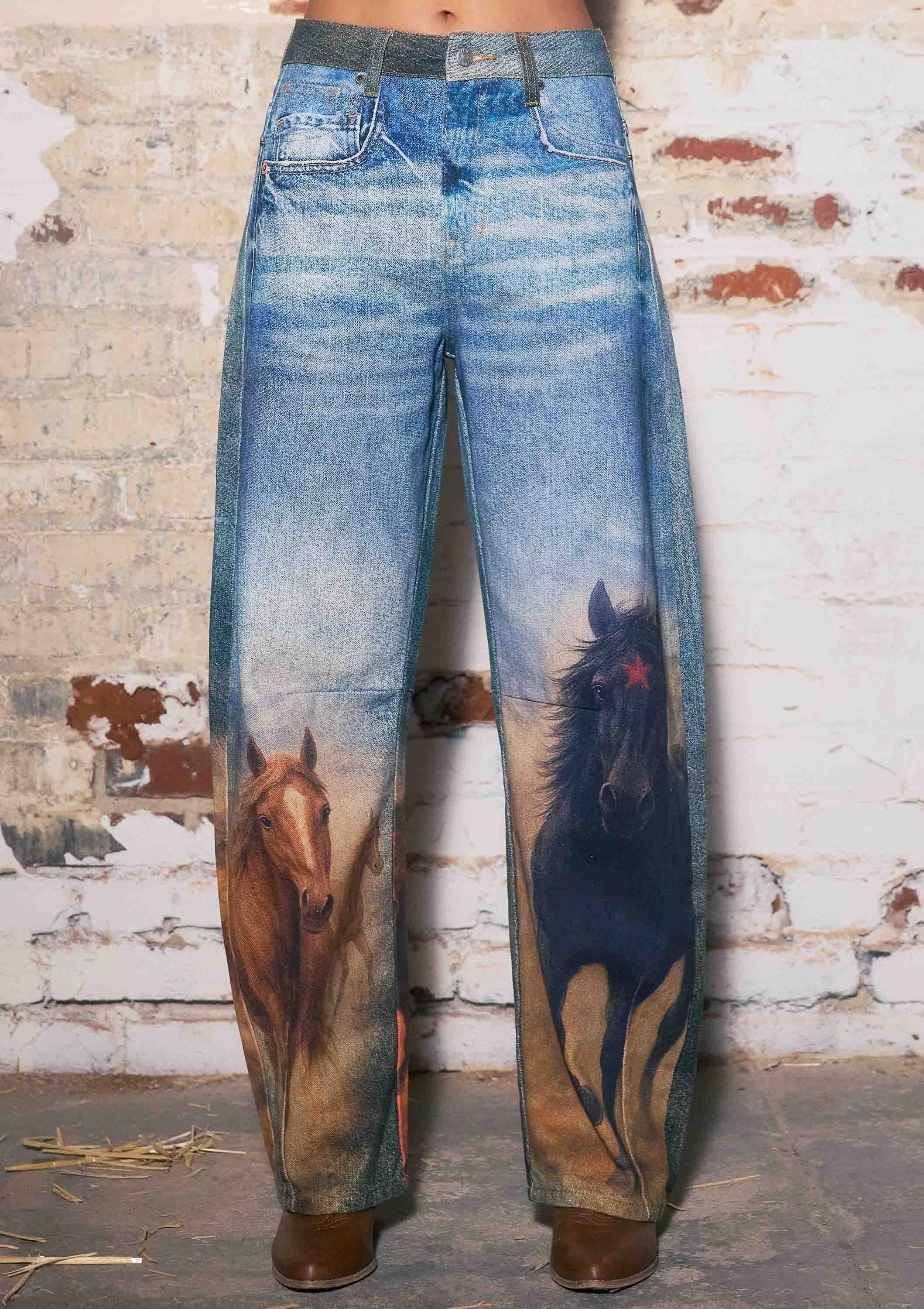 Horse Print Barrel Jeans: Horse