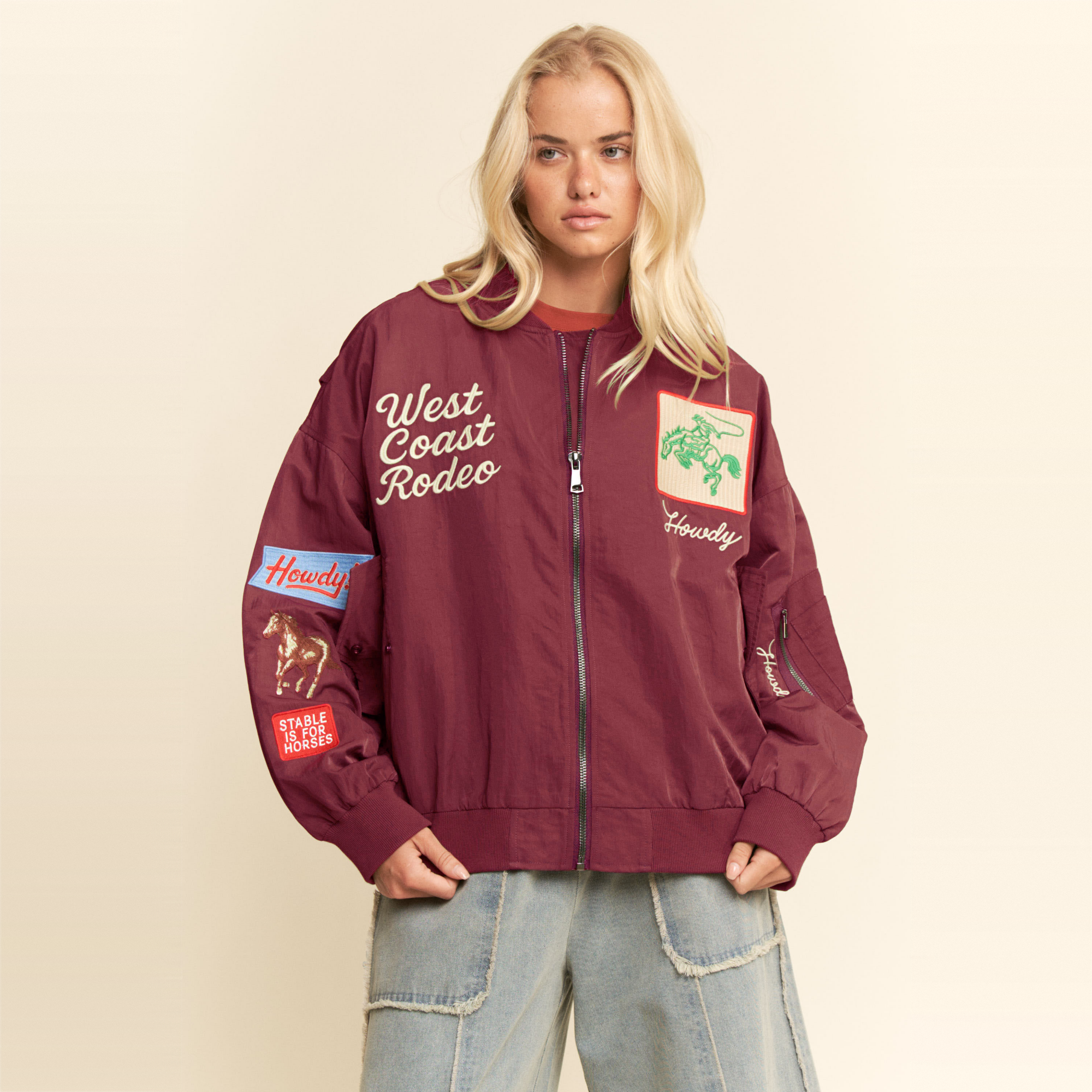 Embroidered West Coast Rodeo Western Bomber Jacket - Burgundy