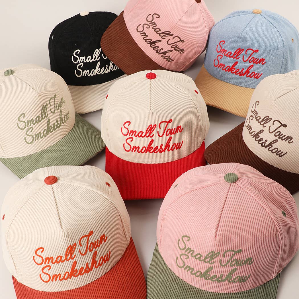 SMALL TOWN SMOKESHOW Heat Press Corduroy Trucker Hat : SAGE/PINK / One Size