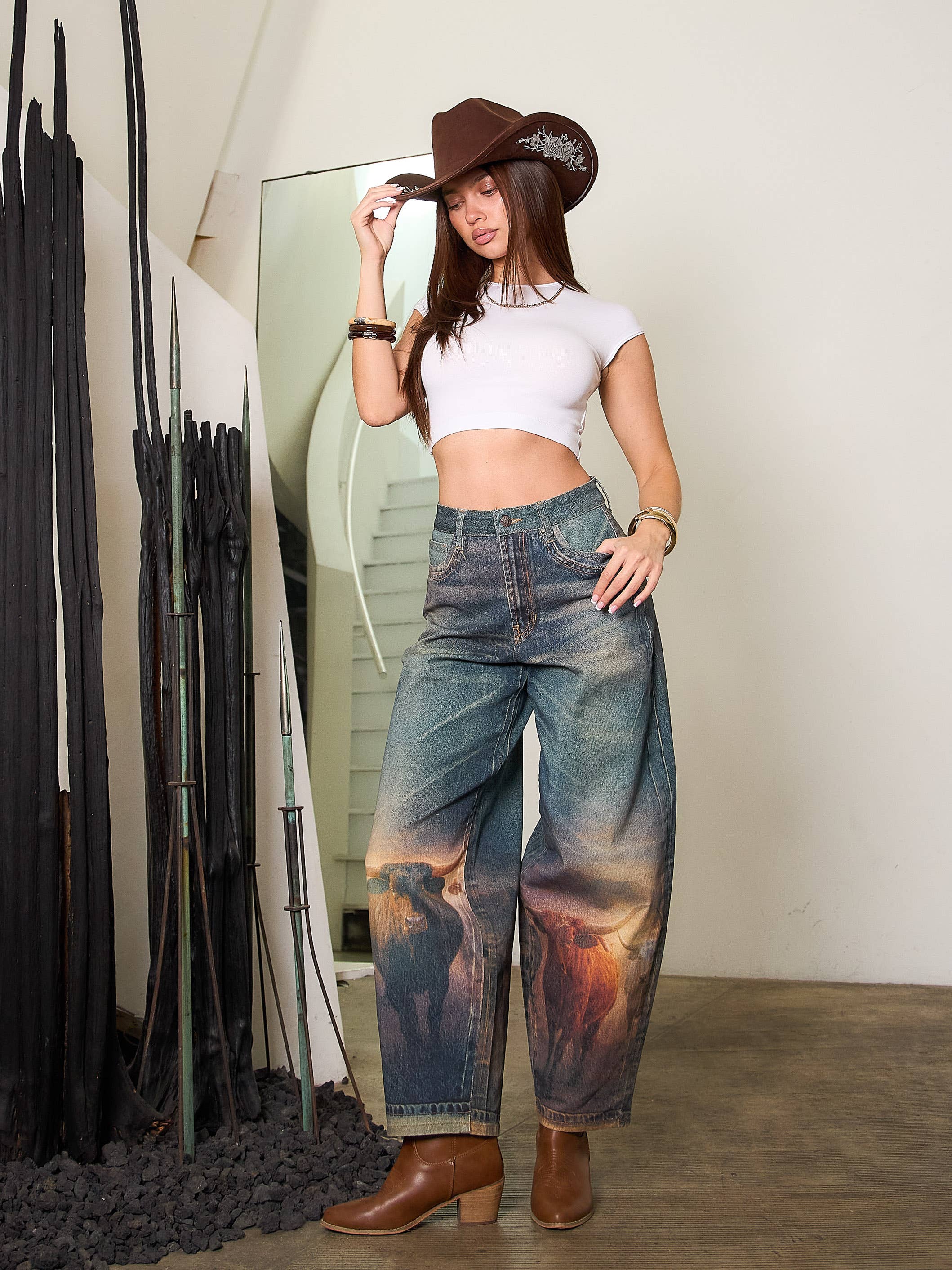Long Horn Digital Print Baggy Jeans: LONG HORN